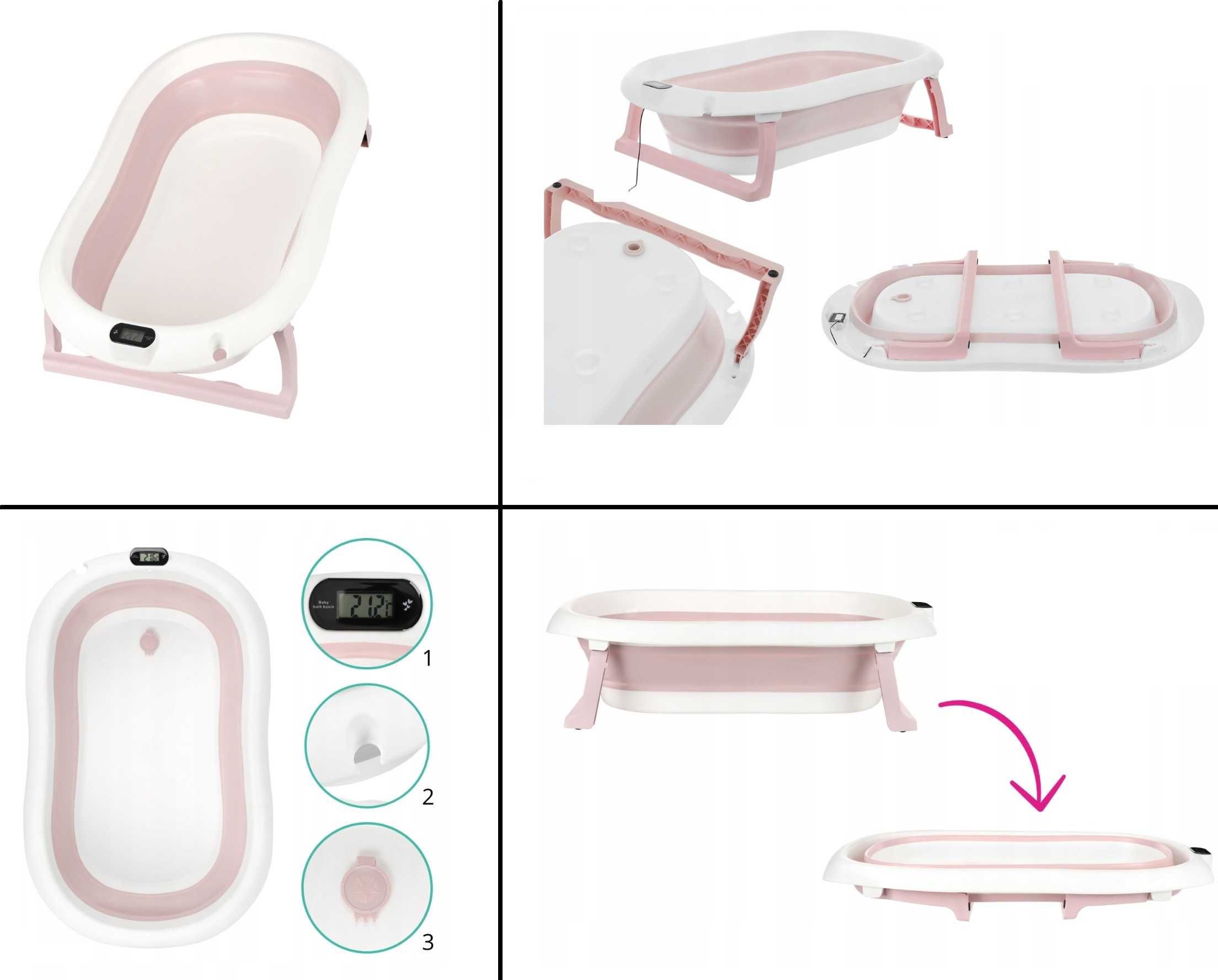 Wanienka składana z termometrem i stelażem + poduszka BATH & CARE Pink