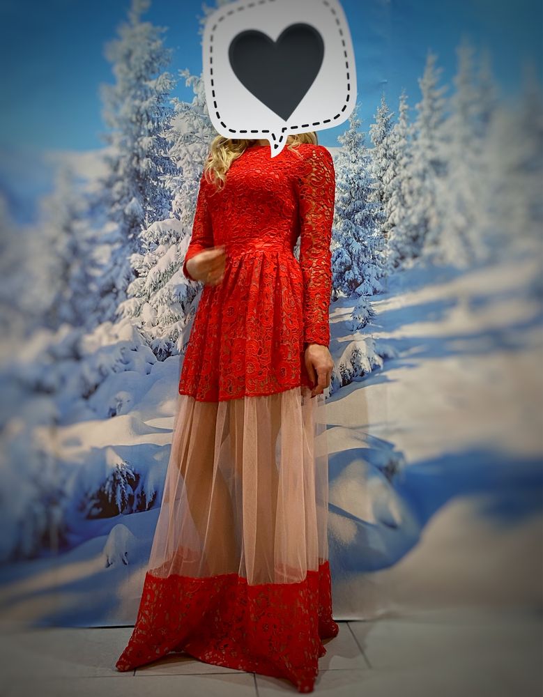 Платье нарядное выпускное вечернее кружево и сетка красное эффектноe