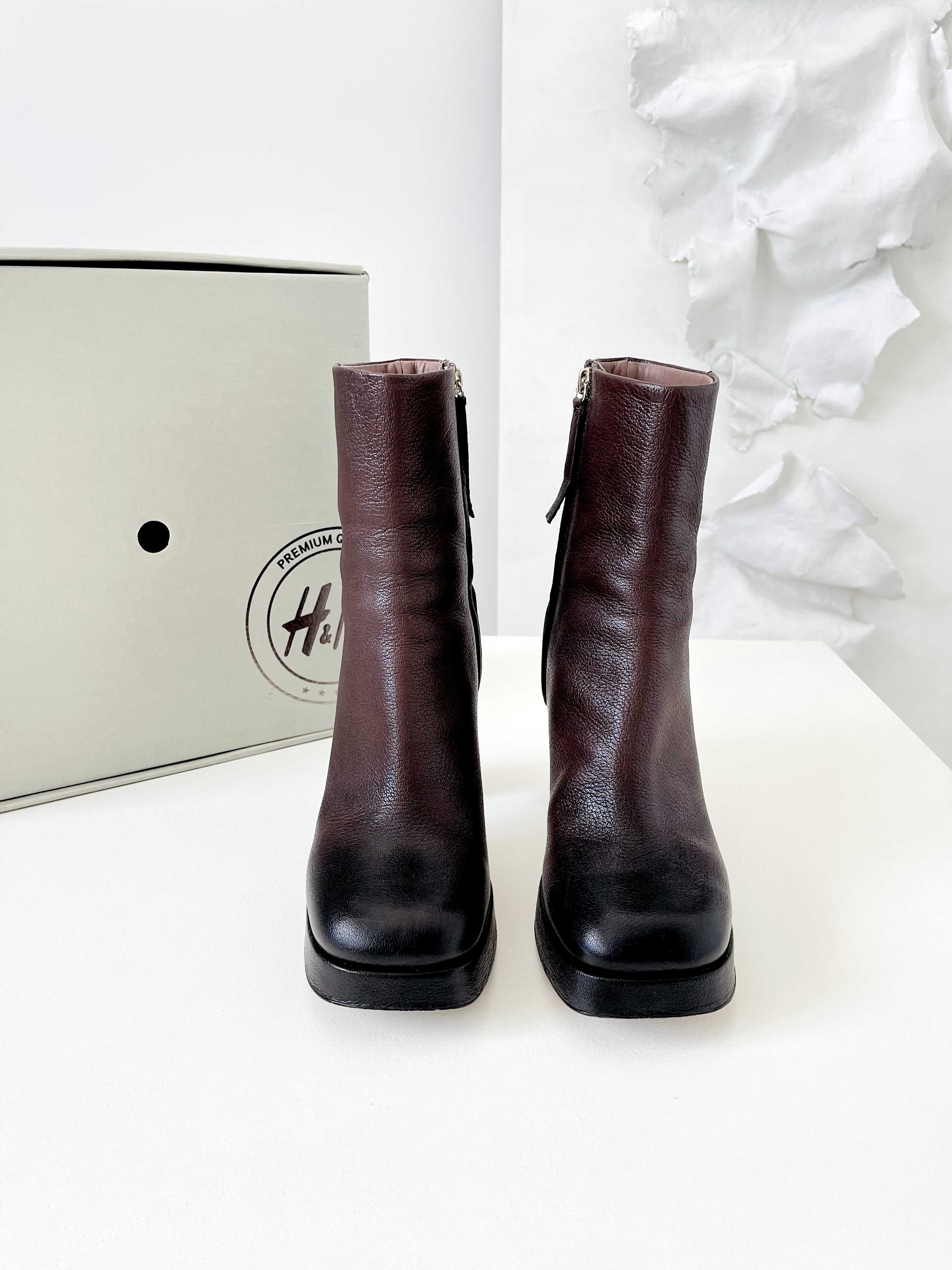H&M PREMIUM Skórzane brązowe BOTKI na platformie Rozmiar 40 - 41 SKÓRA