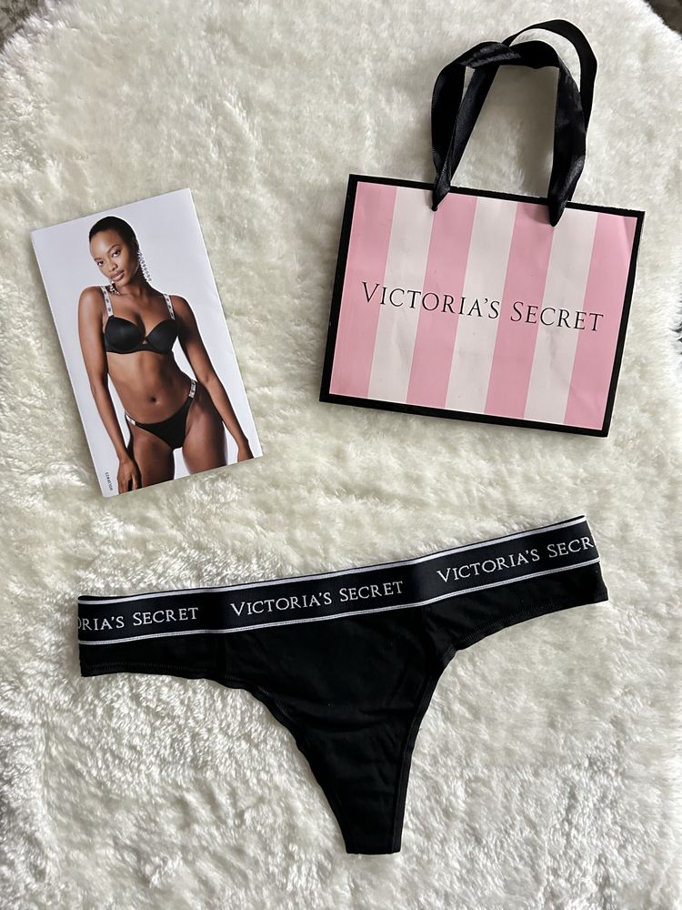 Victoria’s Secret czarne majtki M stringi logo oryginalne bawełna