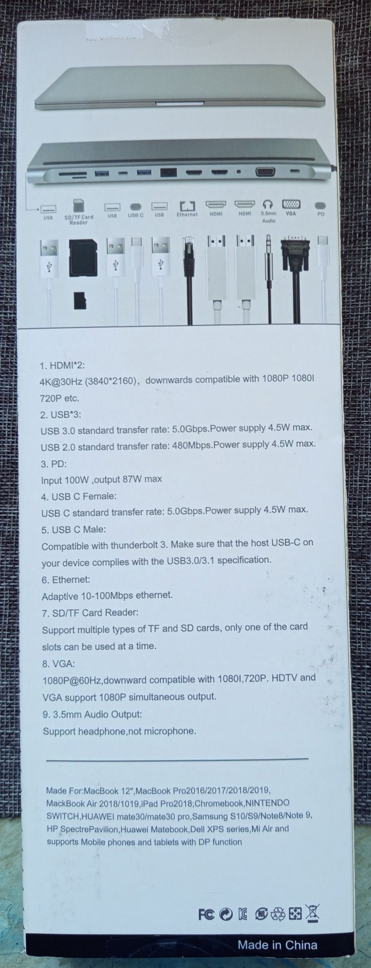 12-portowy podwójny koncentrator 4K HDMI USB C HDTV VGA RJ45 SD / TF d