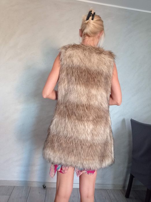 Długa nowa kamizelka kożuch futro włochata puchata ciepła zimowa skór