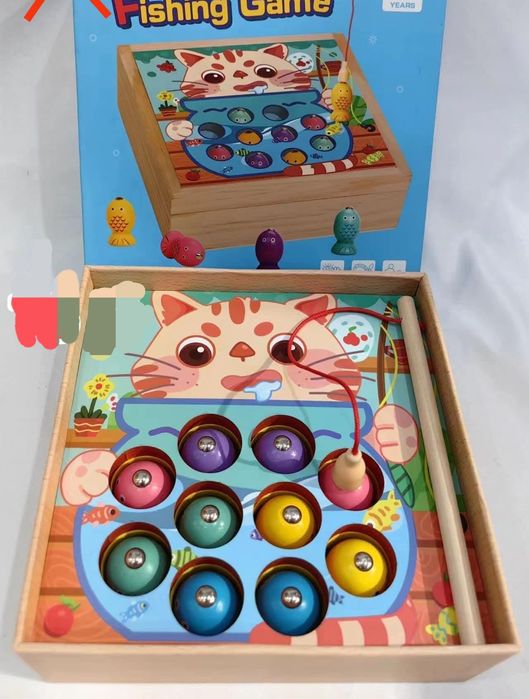 drewniana gra magnetyczna "Łowienie Rybek" w wersji z motywem kota.