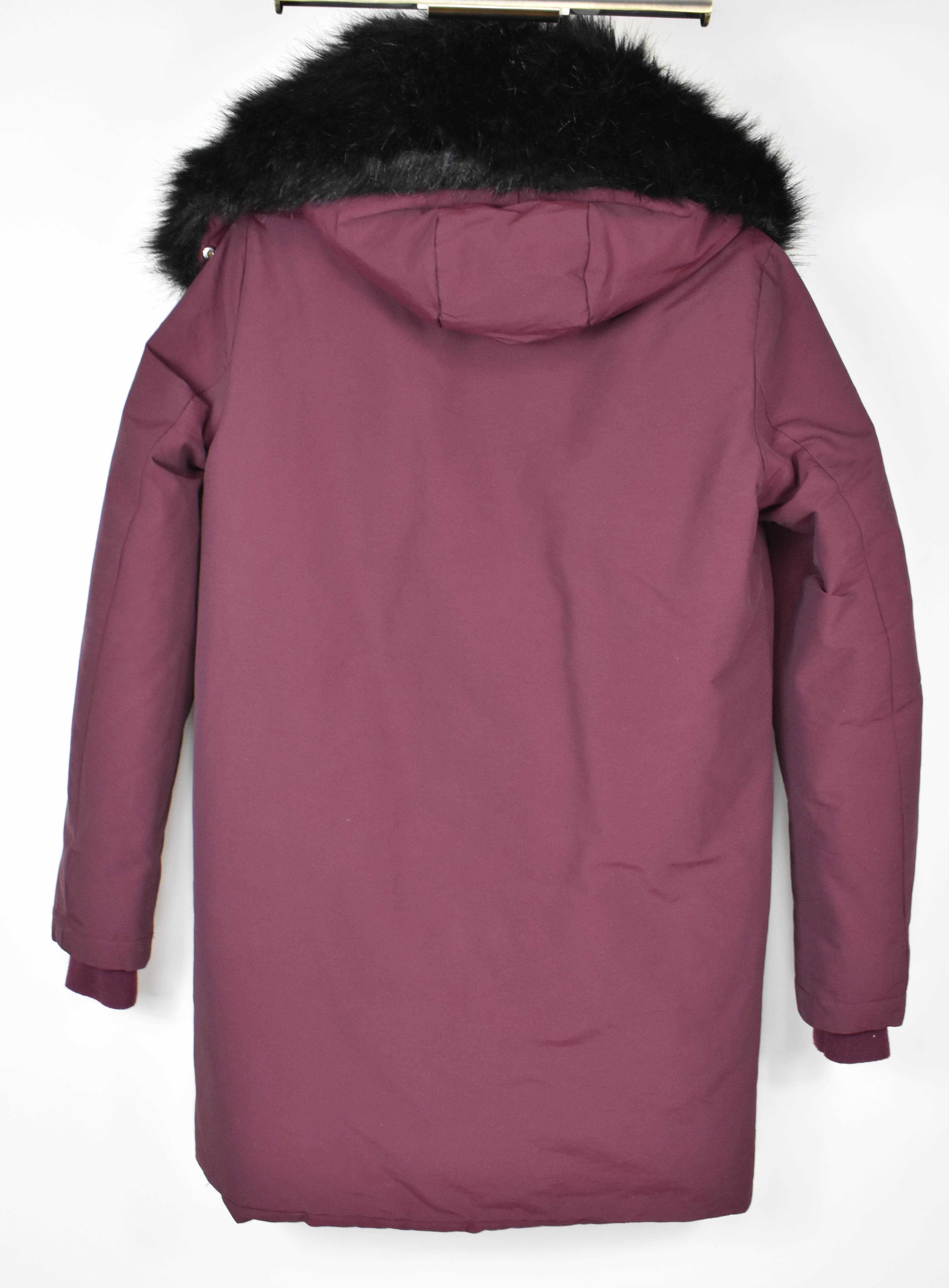 Zara bordowa kurtka parka kaptur futro XS
