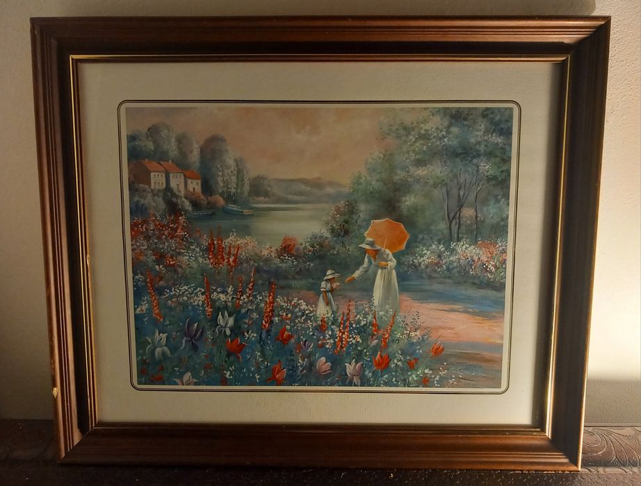 Quadro decorativo vintage com moldura de madeira – paisagem romântica