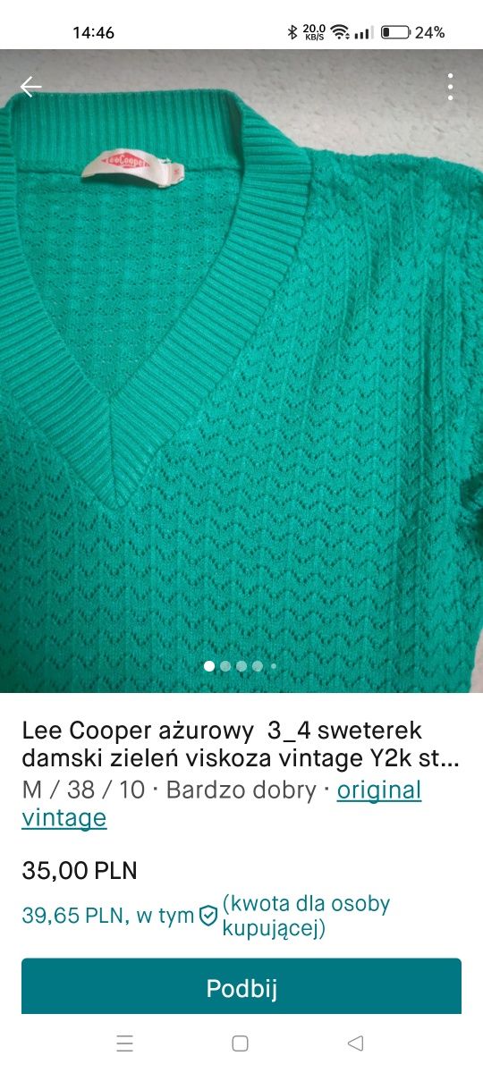 Lee Cooper ażurowy sweterek damski zieleń viskoza 38