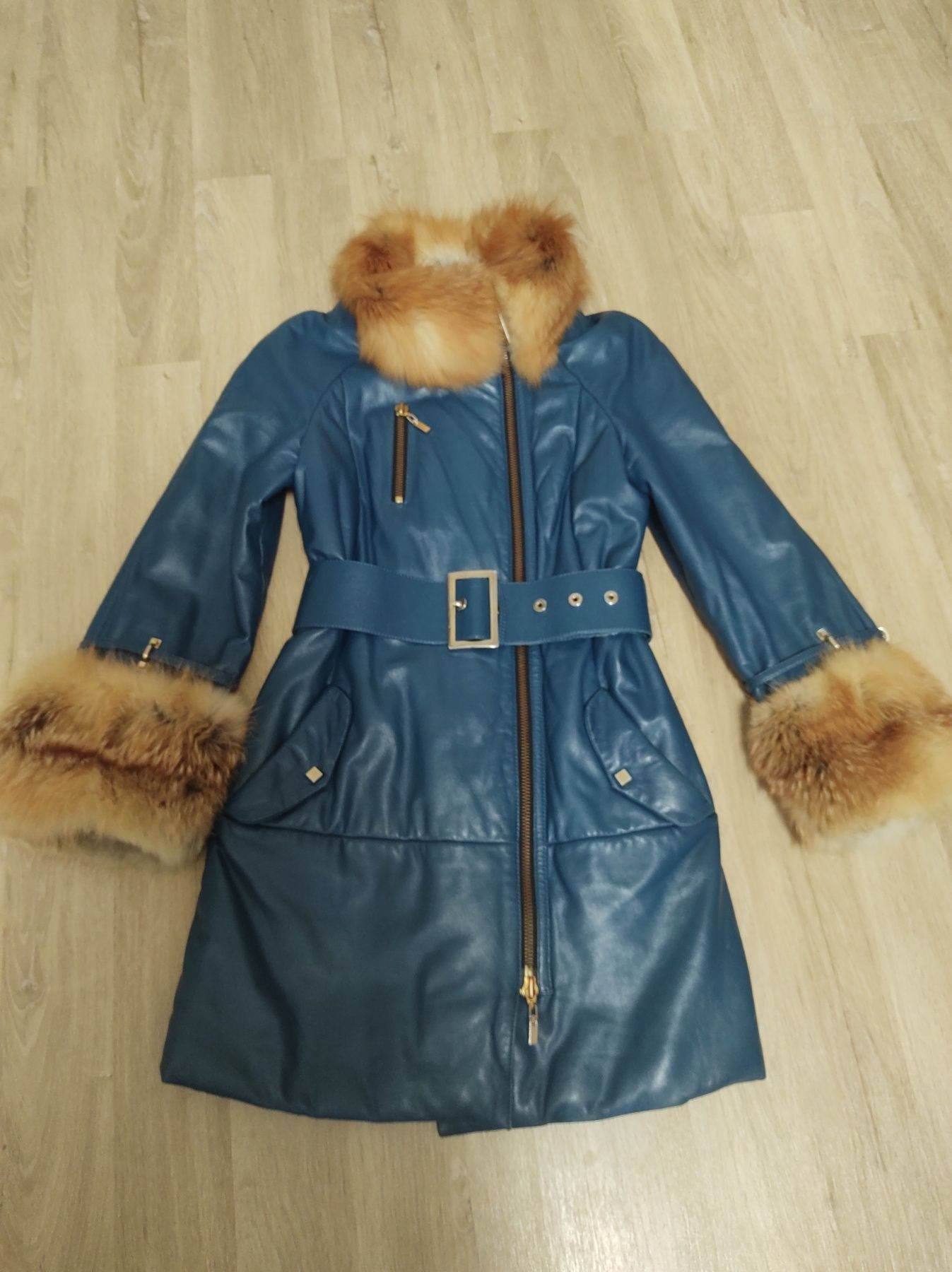 Куртка зимняя Albertini Collezione бирюзовая кожа натуральная с мехом
