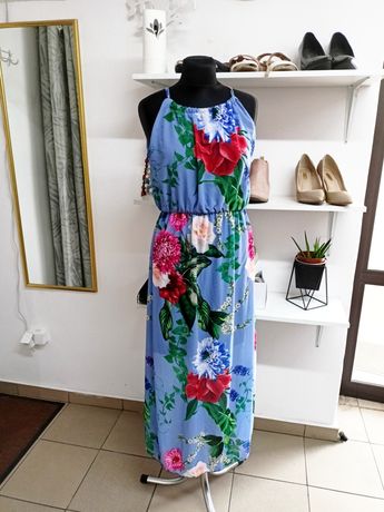 Modna letnia sukienka długa niebieska kwiaty 38