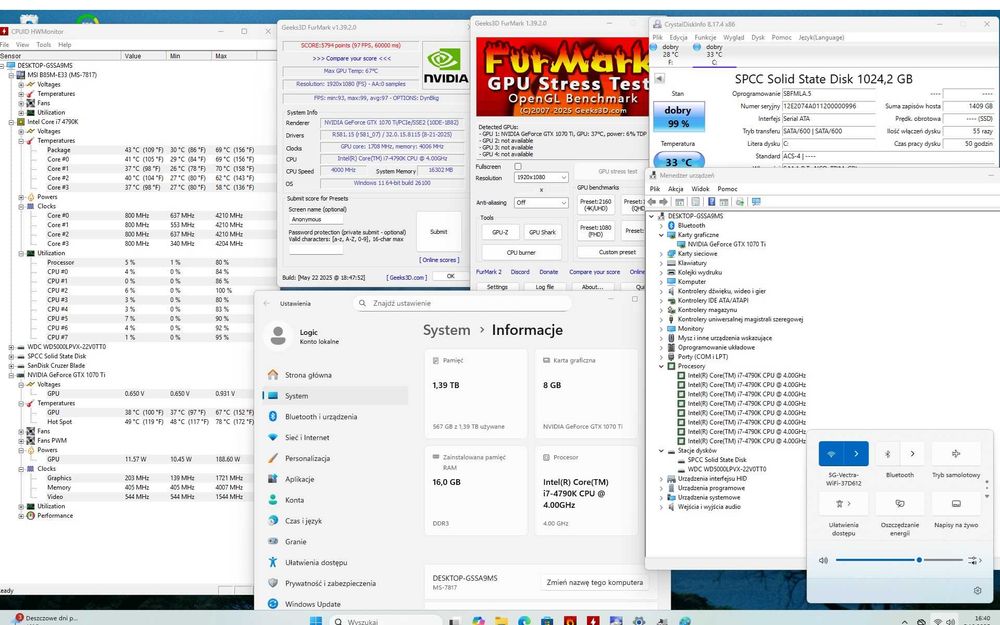 Zestaw do Gier. i7, Karta 8gb, 1TB ssd + 500gb hdd, 16gb ram,