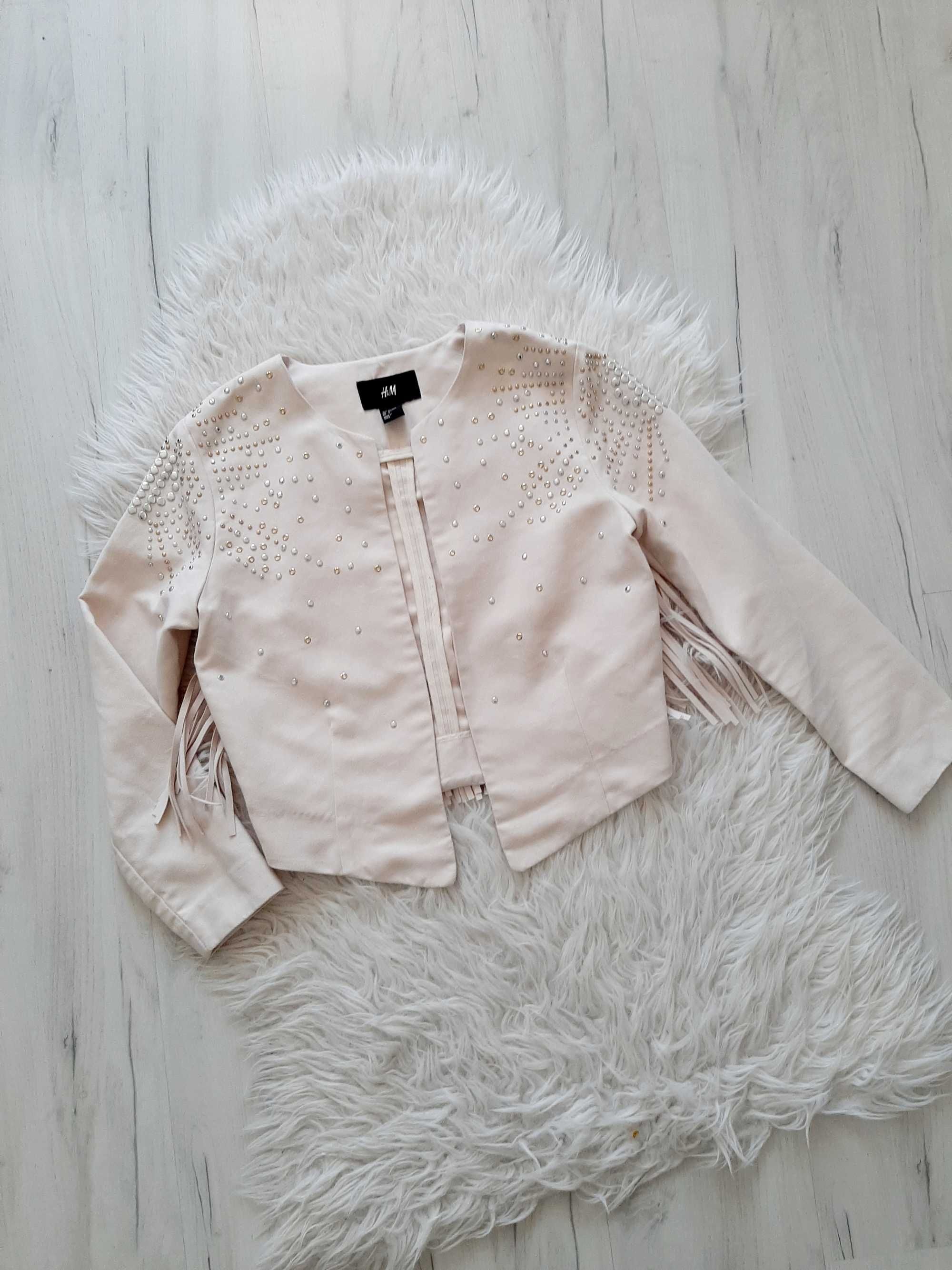 H&M piękna beżowa zamszowa ramoneska z frędzlami i dżetami S 36