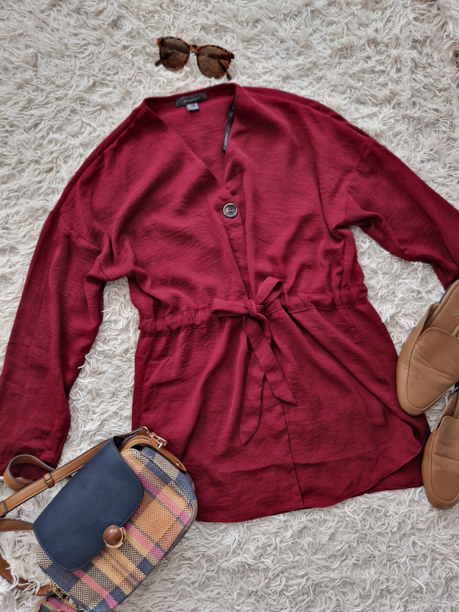 Bordowa burgundowa dłuższa bluzka koszula tunika na długi rękaw Primar