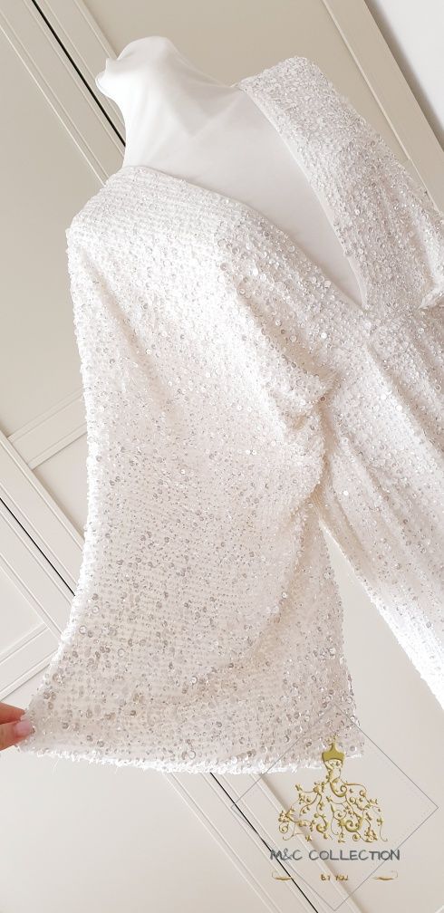 Sukienka ślubna Asos cekinowa cekiny zdobiona biała kimono maxi XS