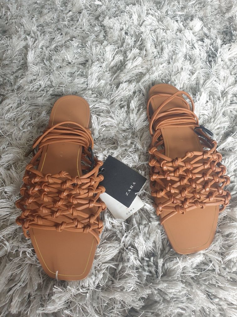 Zara 37 nowe sandaly skórzane karmelowe wiązane rzemyki brązowe skóra