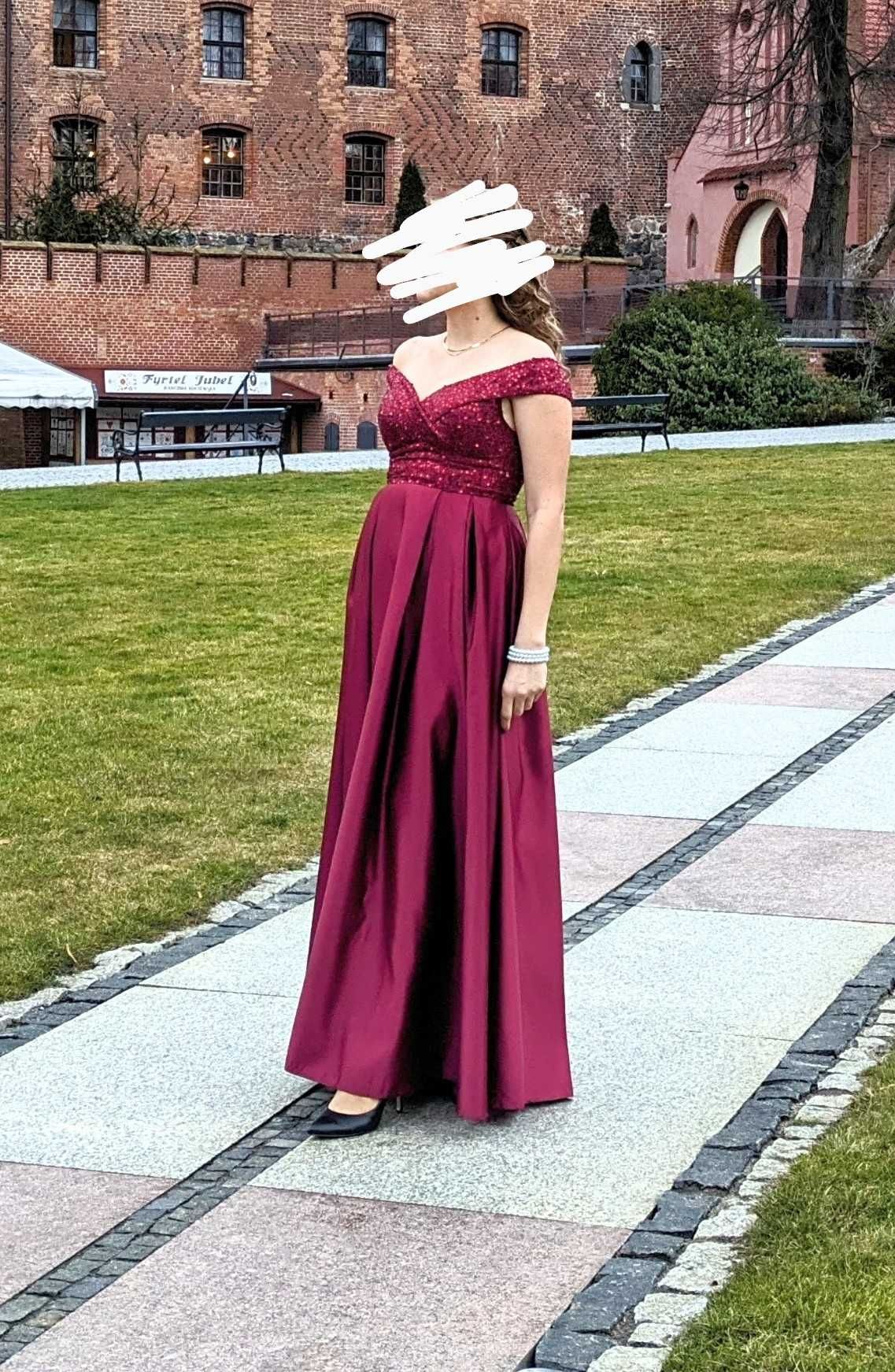 Piękna suknia maxi, balowa, bordowa, odkryte ramiona