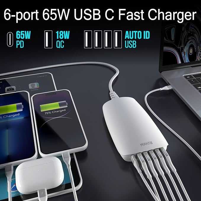 MANTO stacja ładująca 65W PD3.0 QC3.0 USB-C + 5×USB-A, 6 portów