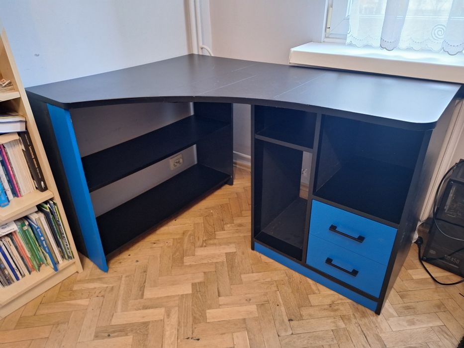 Biurko Narożne Czarno-Niebieskie