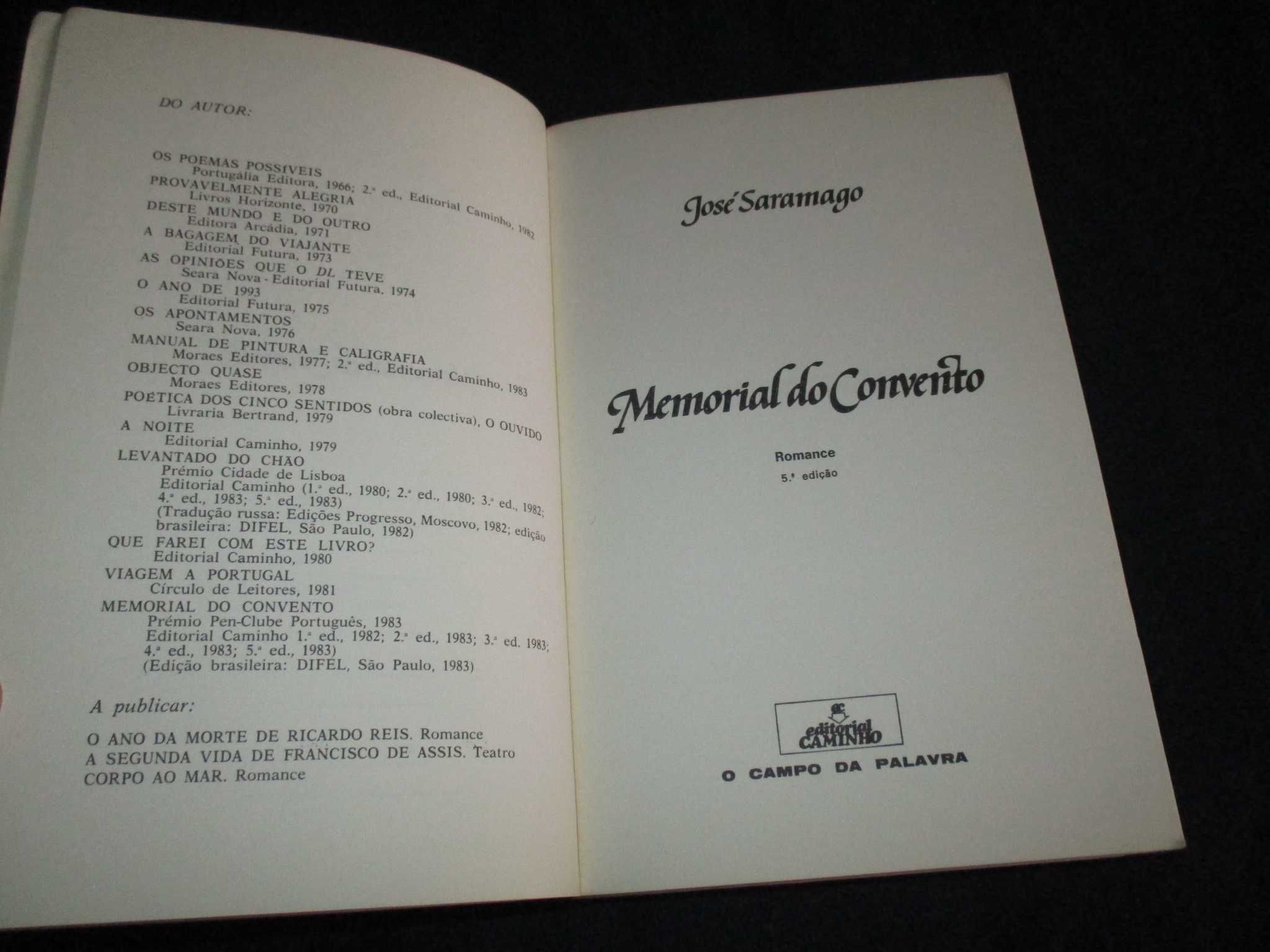Livro Memorial do Convento José Saramago Caminho 5ª edição