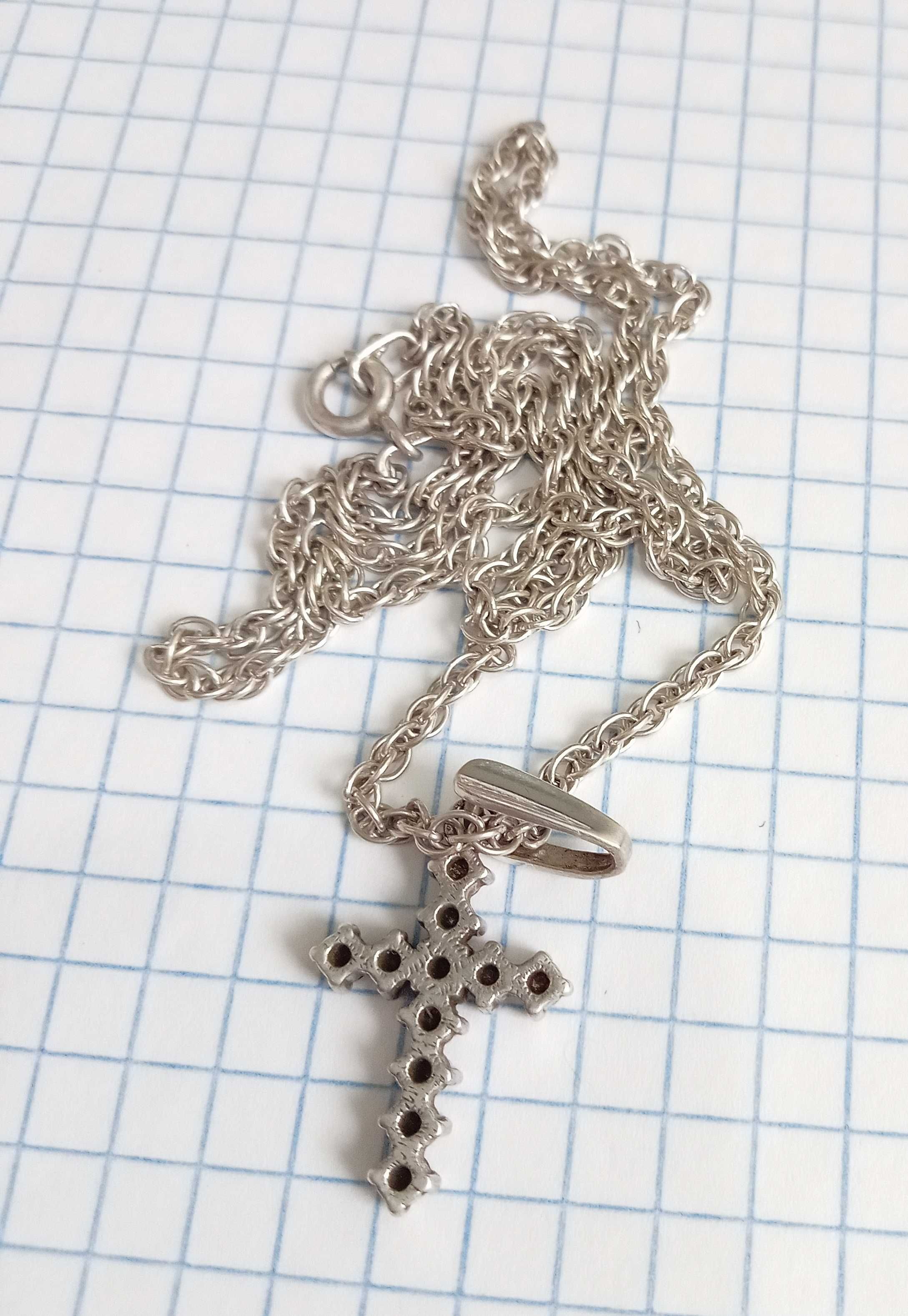 Кулон крестик с камушками на цепочке, серебро 925 проба винтаж