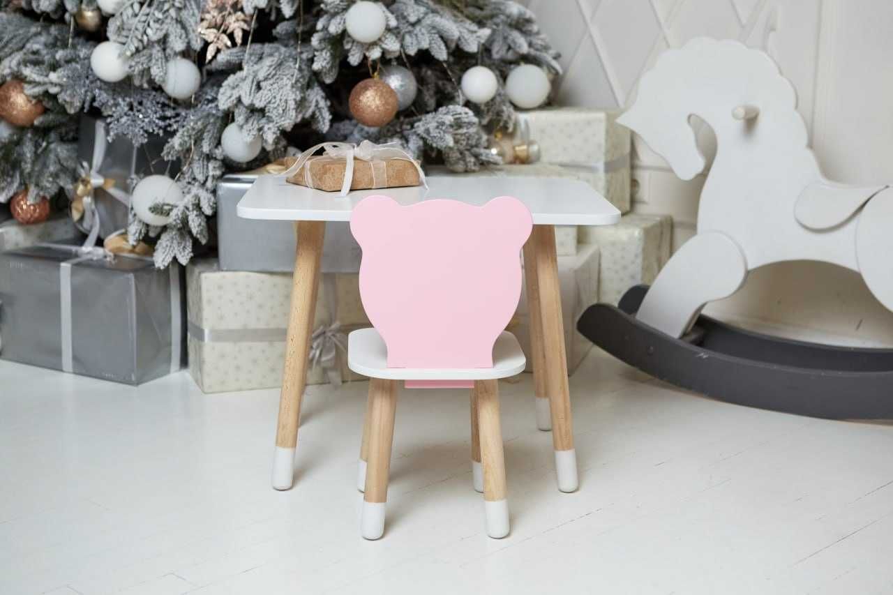 Білий столик і стільчик дитячий рожевий ведмежа з білим сидінням