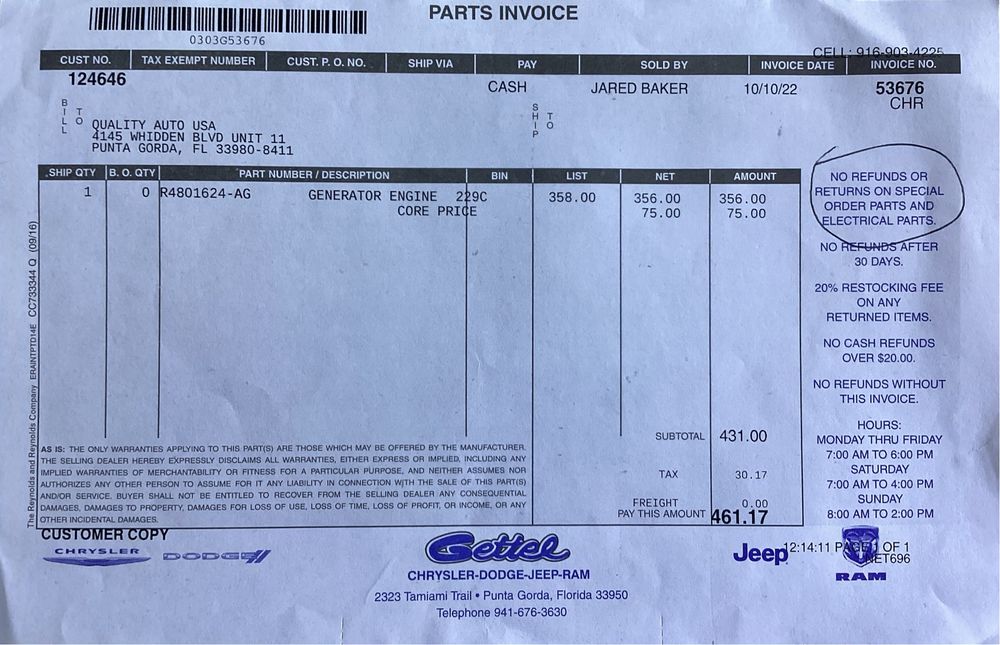 Генератор Mopar Dodge Journey 2011-2019 р 3.6L V6 R4801624AG