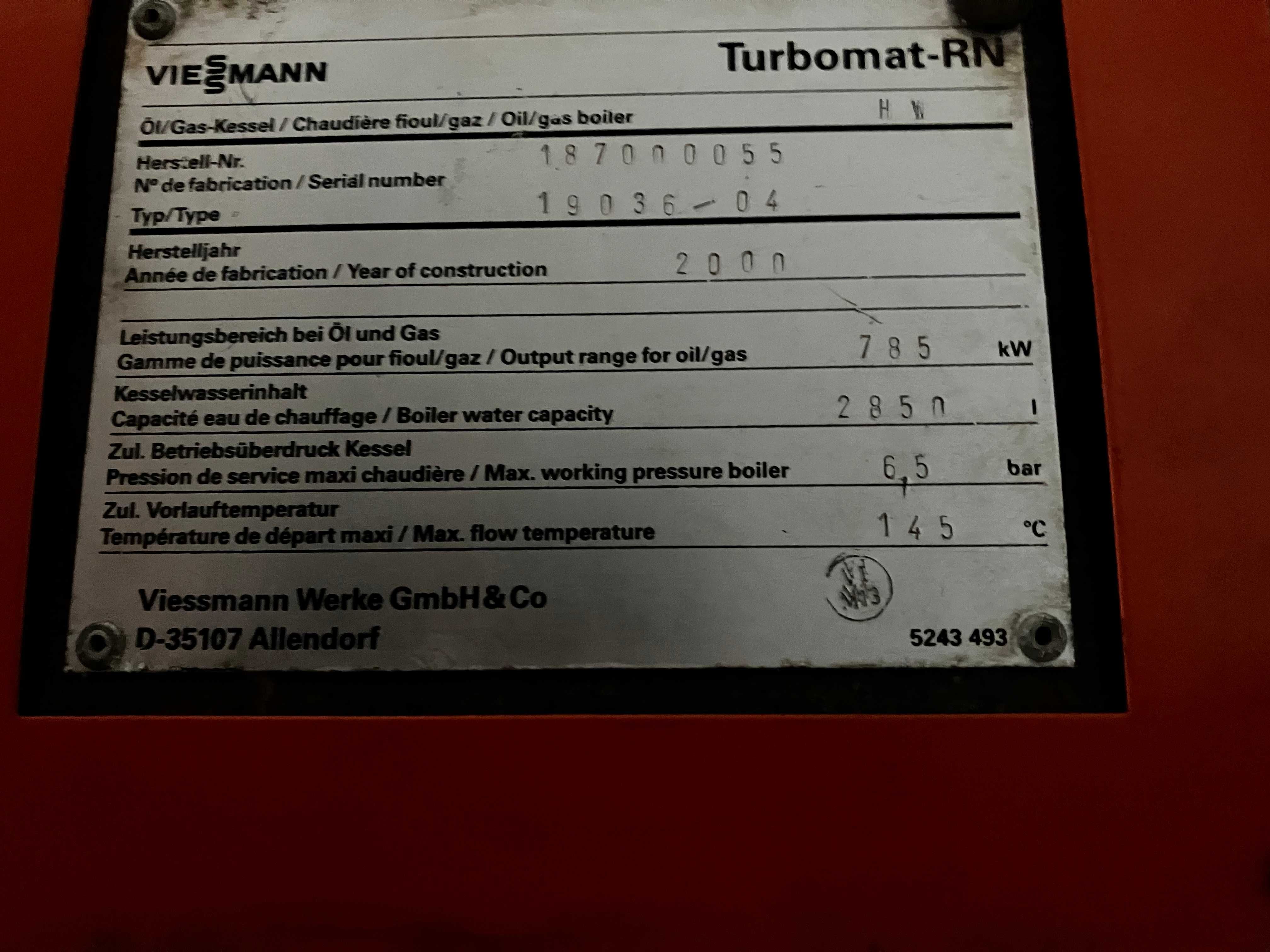 Kocioł Viessman typ Turbomat RN-HW, 785 kW, 2000 rok