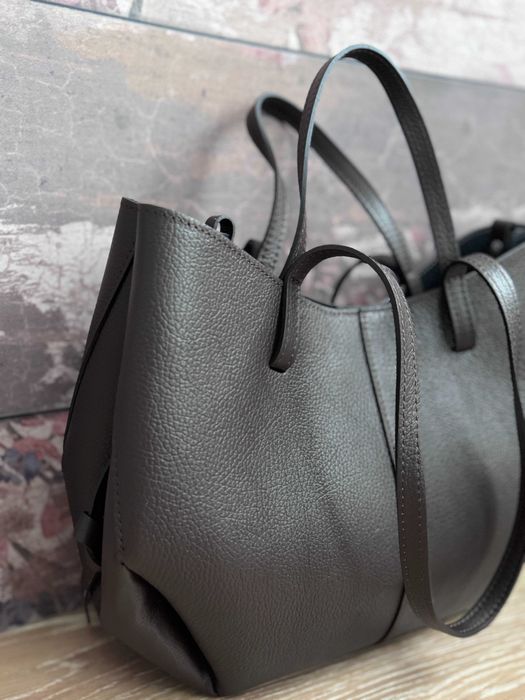 BRĄZOWY shopper z kosmetyczką skóra naturalna Made In Italy