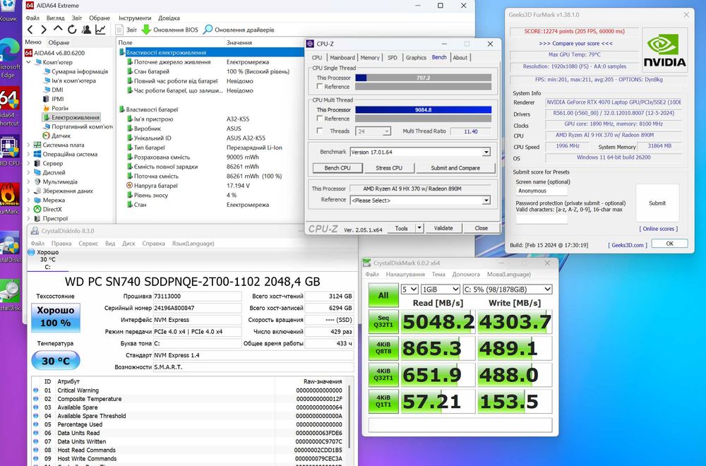Ноутбук ASUS ROG Zephyrus G16 AMD Ryzen AI 9 HX 370 32Gb 2Tb RTX4070