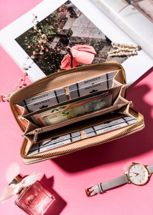 Duży Złoty Damski Portfel Skórzany Piórnik na Suwak prezent pojemny