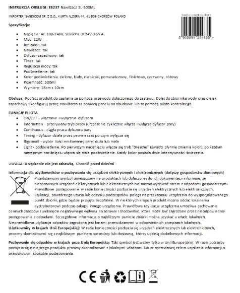 Nawilżacz powietrza dyfuzor zapachowy aromaterapia led + pilot 500 ml