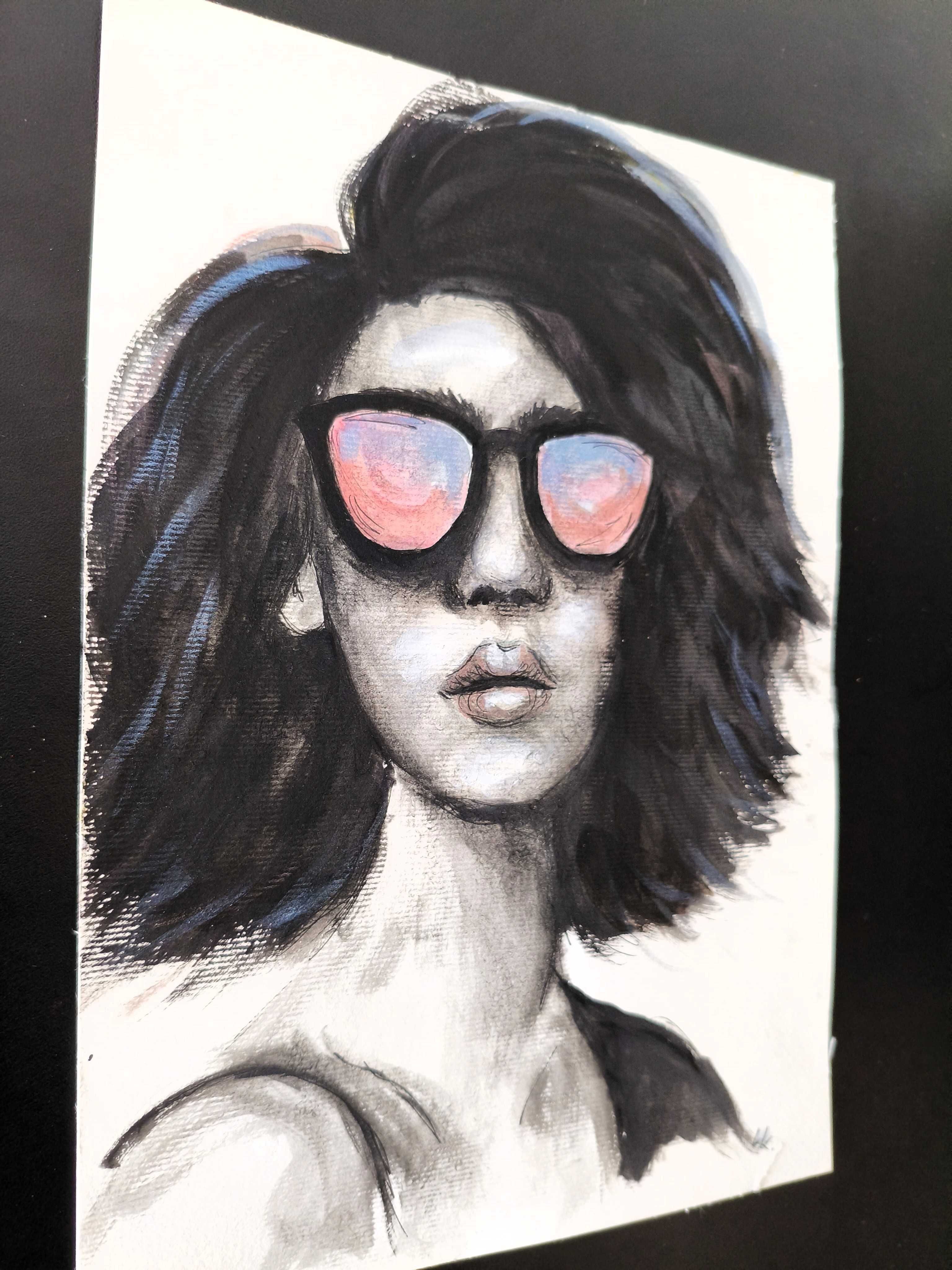 Portret kobieta okulary czarno biały obraz akwarela 21x30 Real One