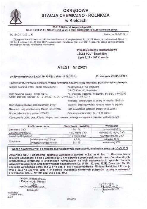 Mieczyn - Wapno nawozowe CaO 53,9 % - Producent