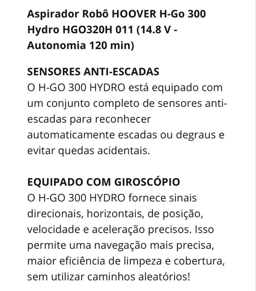 Aspirador Robot / Robô Hoover H-GO 300 HYDRO
