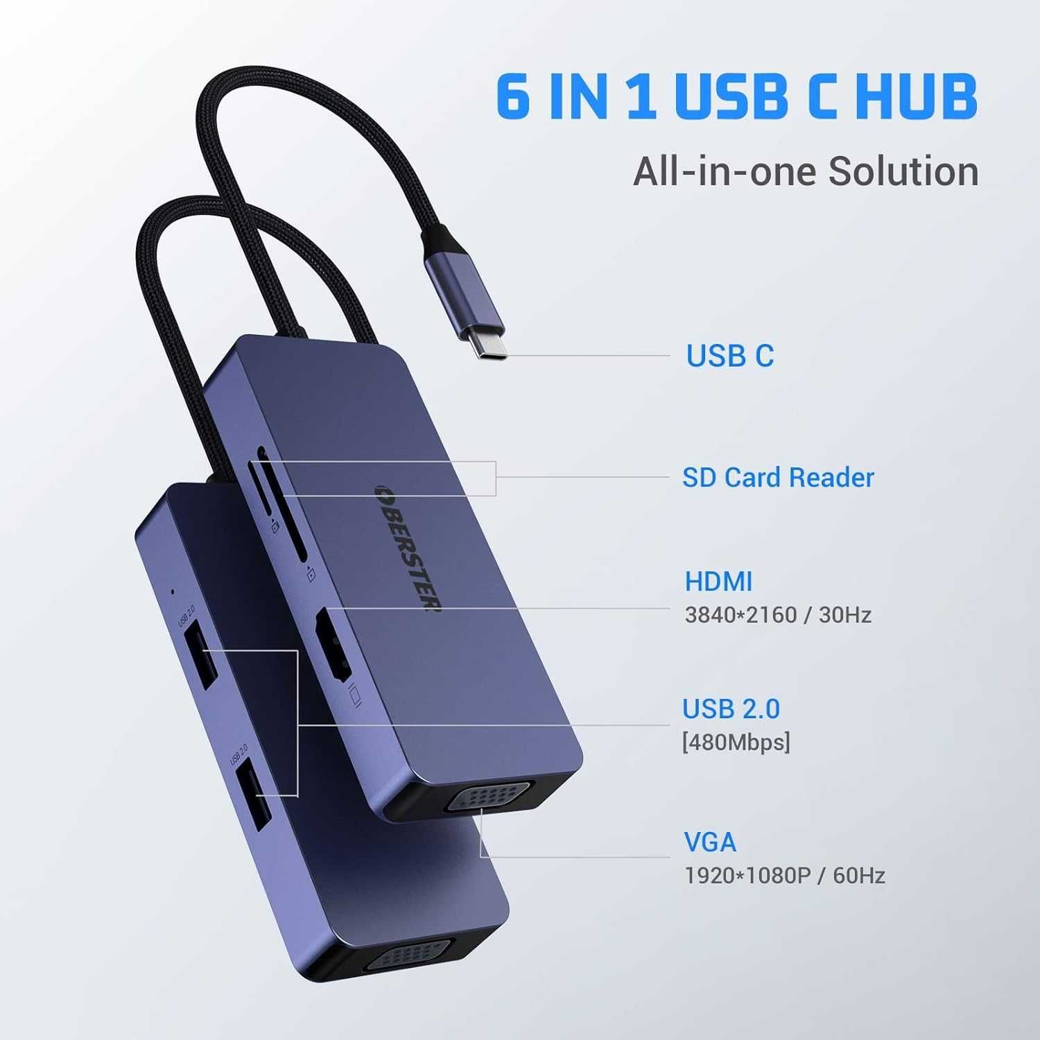 USB C Hub 4K HDMI, 6 em 1 tipo C 4K HDMI, VGA, 2 USB 2.0, SD/TF,