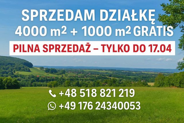 Sprzedam działkę 4000 m² + 1000 m² GRATIS – Wola Radziszowska, PILNE
