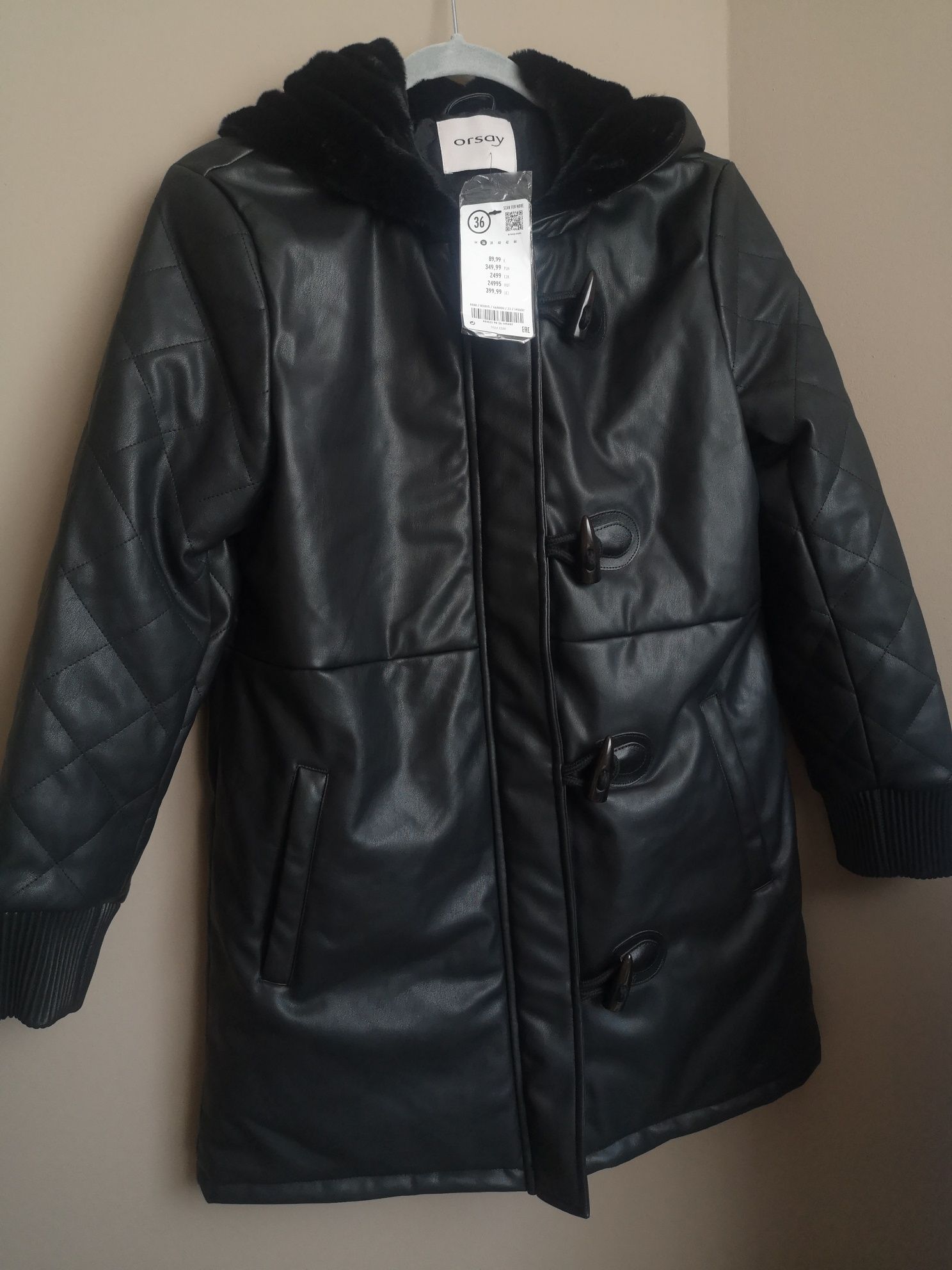 Nowy płaszcz Orsay 36/S, zimowy, gruby długa czarna kurtka skóra zimow