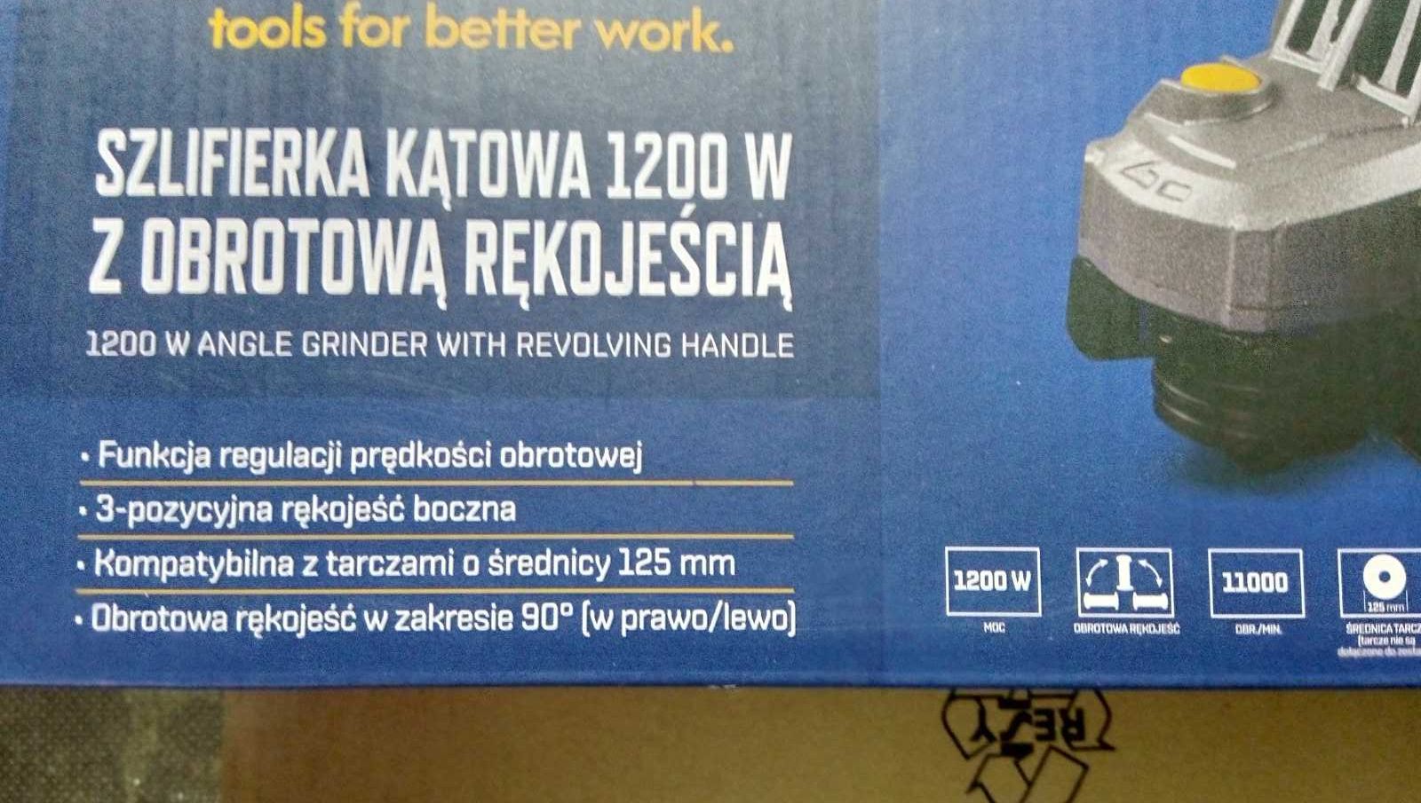 szlifierka kątowa 1200W z obrotową rękojeścią i regulacją prędkości