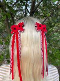 Українські заколки для волосся, маки з стрічками