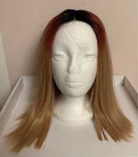 Peruka lace front miodowy blond prosta wig czarno różowy odrost