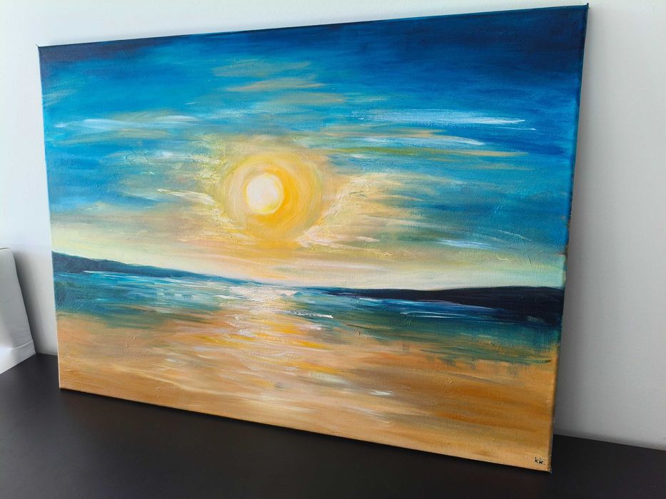 Obraz Olejny 50x70 Abstrakcja Wschód Słońca Morze Góry Szpachelka Woda