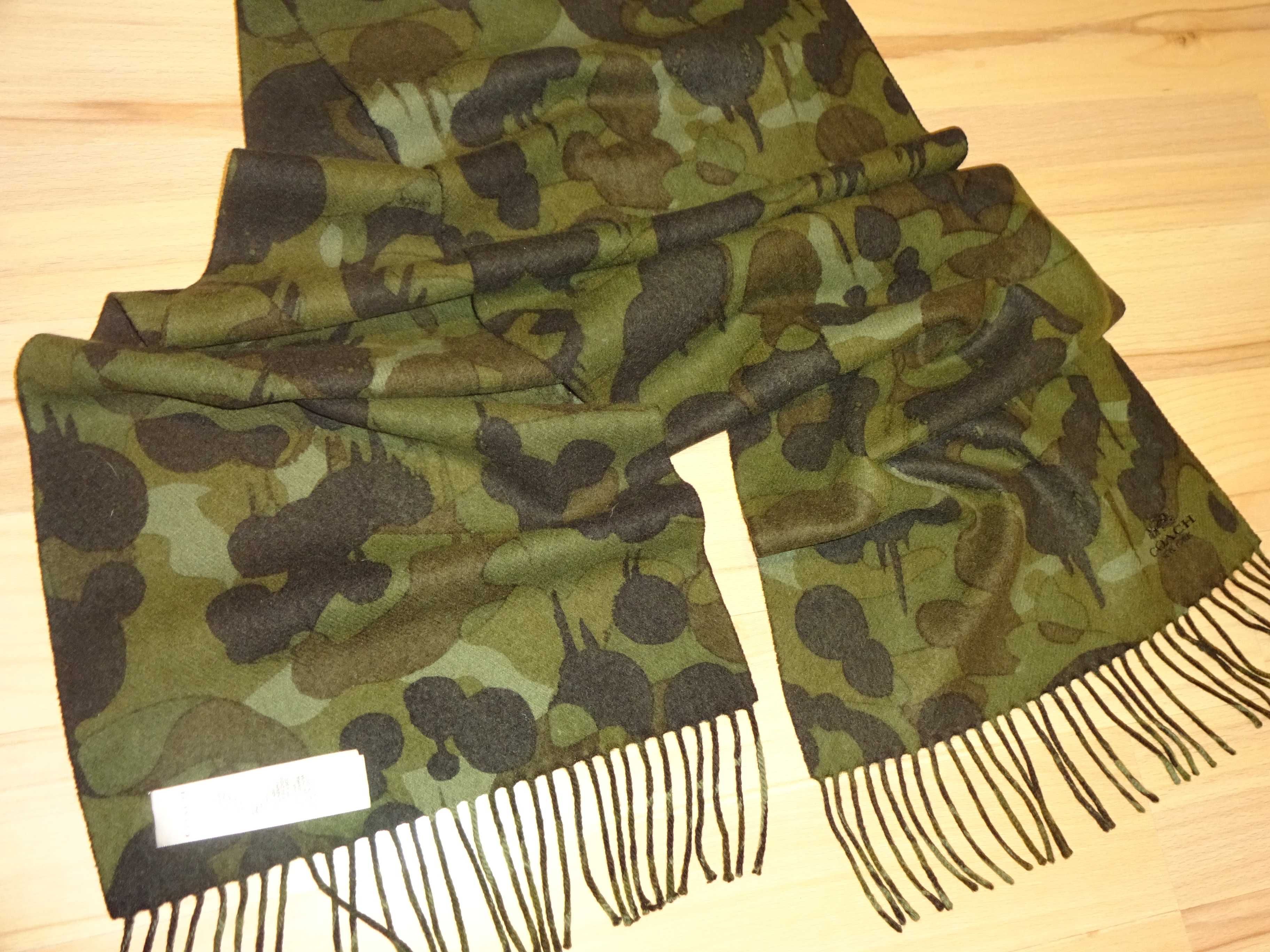 COACH New York 90% Wool 10% Cashmere zielony khaki szalik z frędzlami