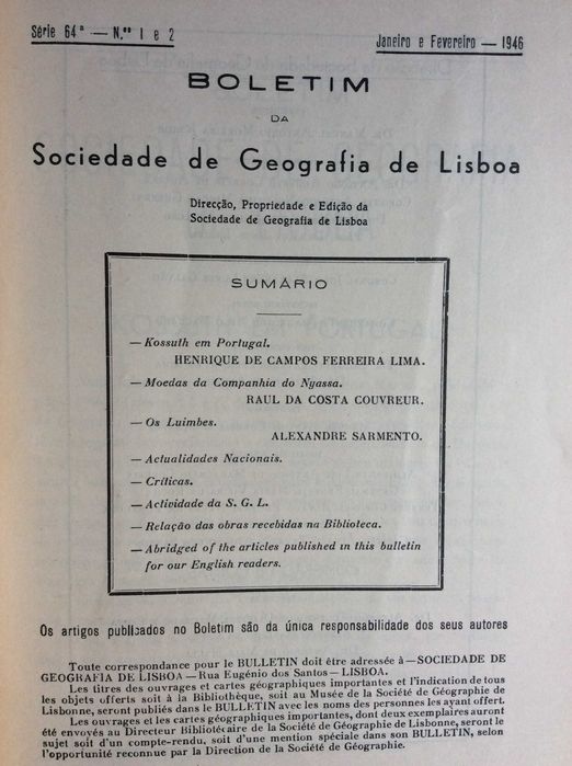 Boletim da Sociedade de Geografia de Lisboa. Janeiro e Fevereiro, 1946