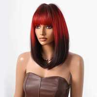 Peruka czerwona ombre z grzywką włosy jak naturalne
