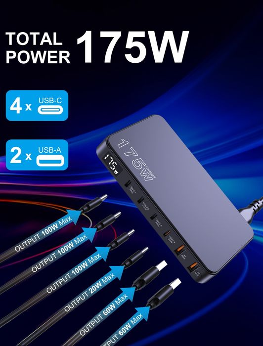 У наявності! Універсальна зарядка Ueetop GaN 175Вт зарядний пристрій