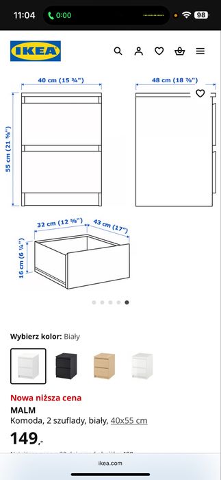 Komoda MALAM Ikea, 2 szuflady, biały, 40x55cm