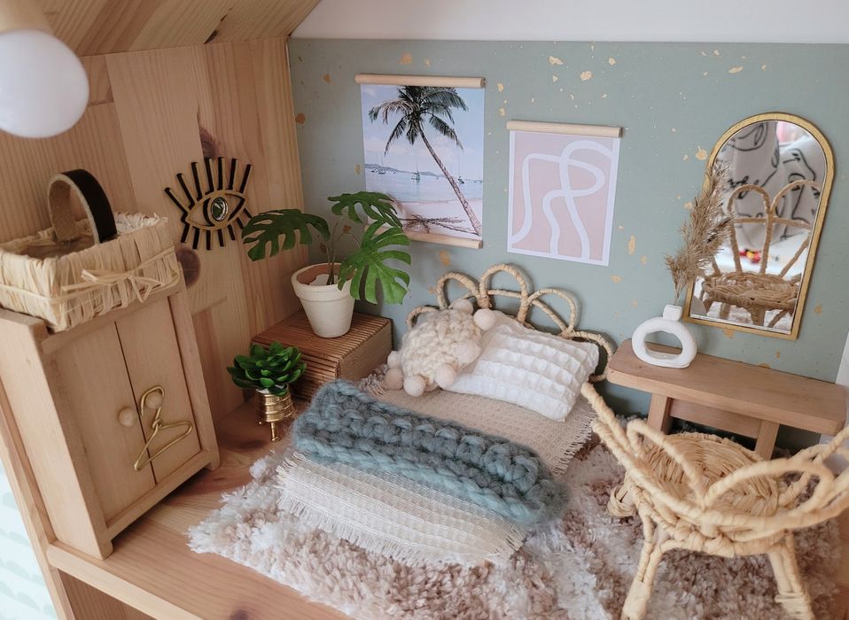 Piękny domek dla myszek  boho   wnętrze mebelko drewniany dla lalek