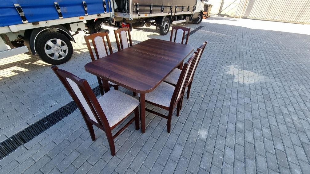 Od ręki: Stół rozkładany + 6 krzeseł,  ORZECH + KAWA Z MLEKIEM