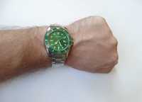Nowy Zegarek męski zielony z stalową bransoletą datownik z lupą