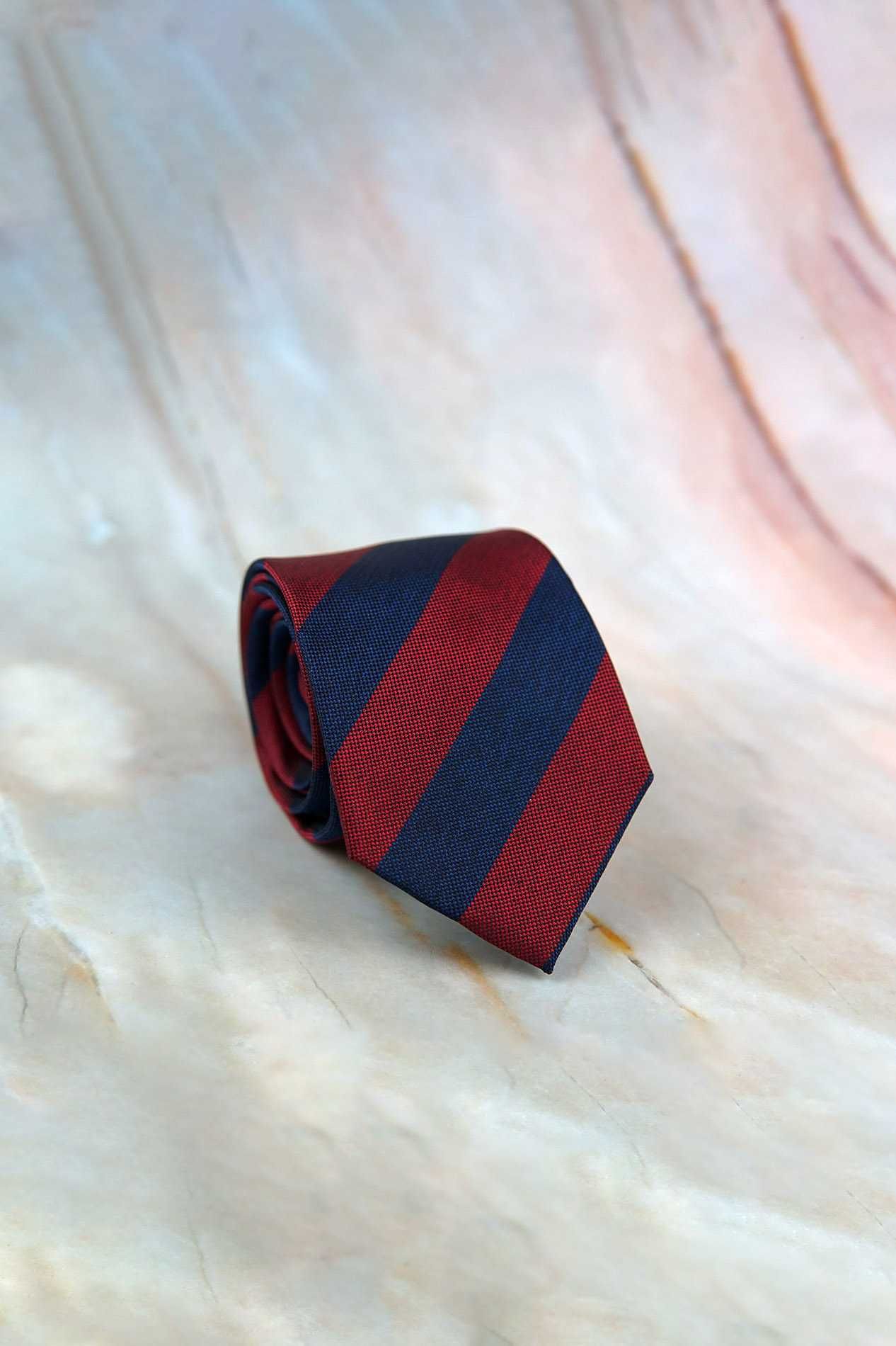 NOWY krawat regimental jedwabny granatowo-bordowy jedwab szeroki pasy