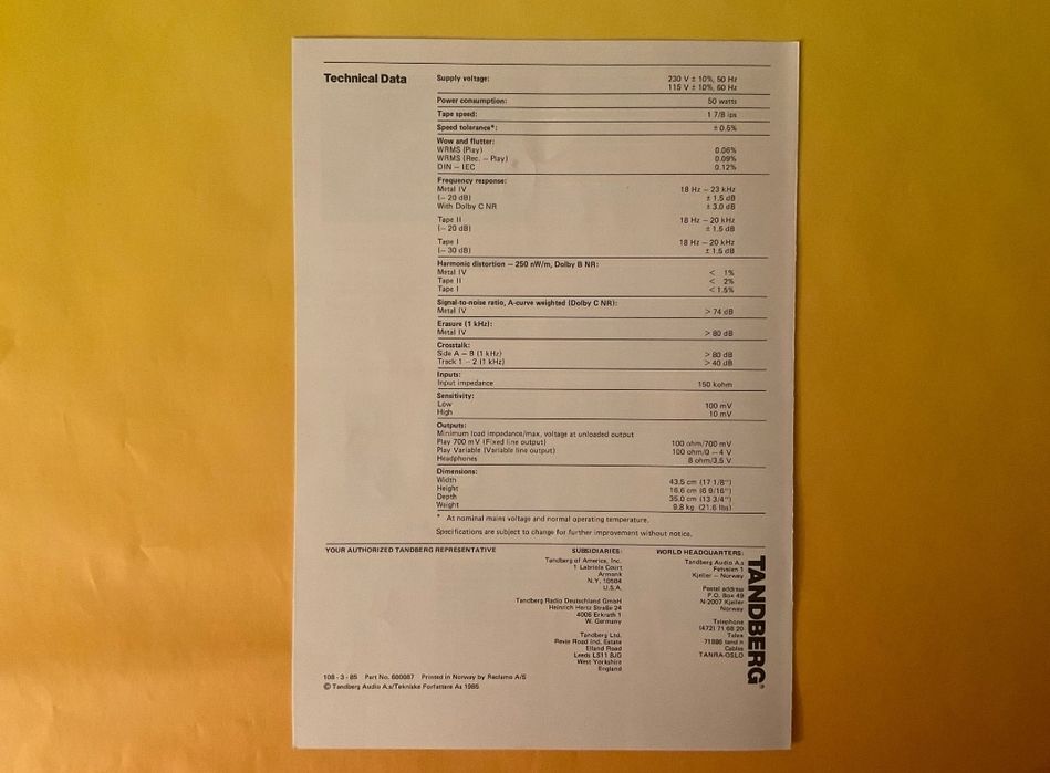 Brochura RARA TANDBERG. 3014.