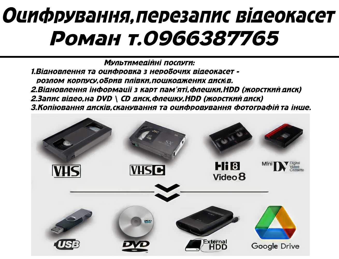Оцифрування, реставрація відео VHS, VHS-C, Video8, Hi8, MiniDV